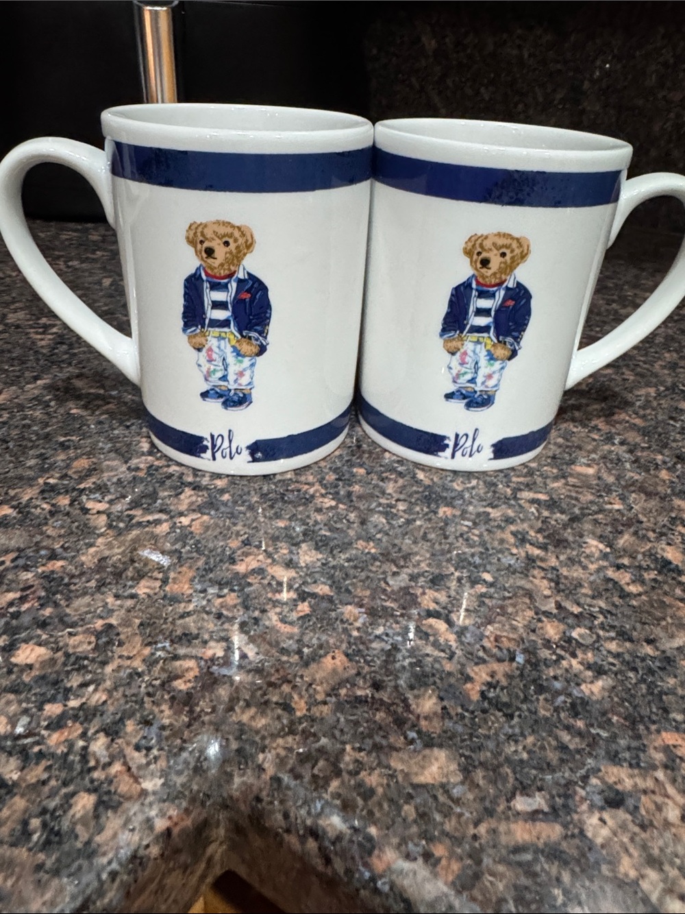 Polo by Ralph Lauren White Mug with Navy Trim and Bear Graphic set of 2